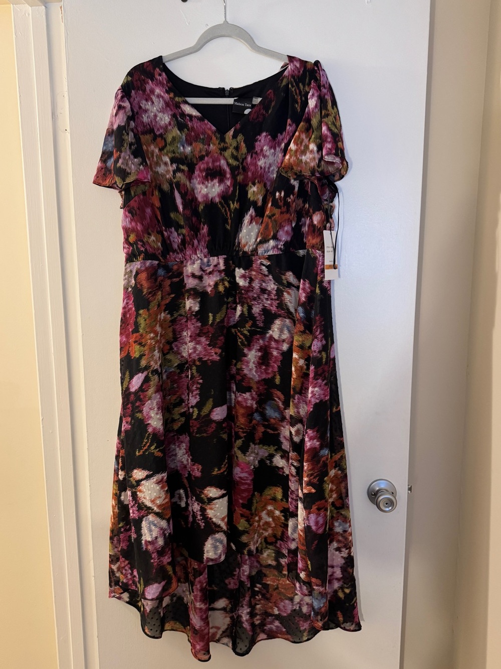 Maison Tara Black Floral V-Neck Midi Dress with Pink and Purple Blooms